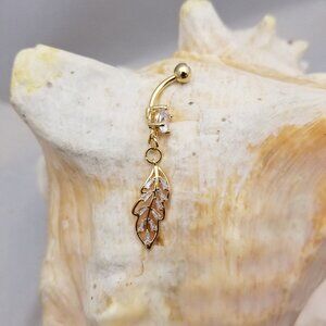 14G Pave leaf gold belly ring with clear CZ gems dangle navel ring